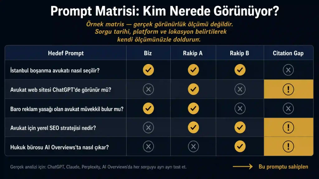 GEO prompt matrisi citation gap analizi örnek