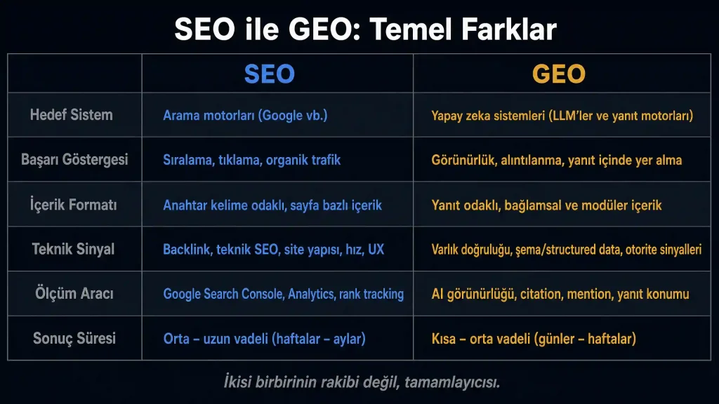GEO ile SEO arasındaki farkları hedef sistem başarı göstergesi içerik formatı ve ölçüm araçları üzerinden karşılaştıran tablo