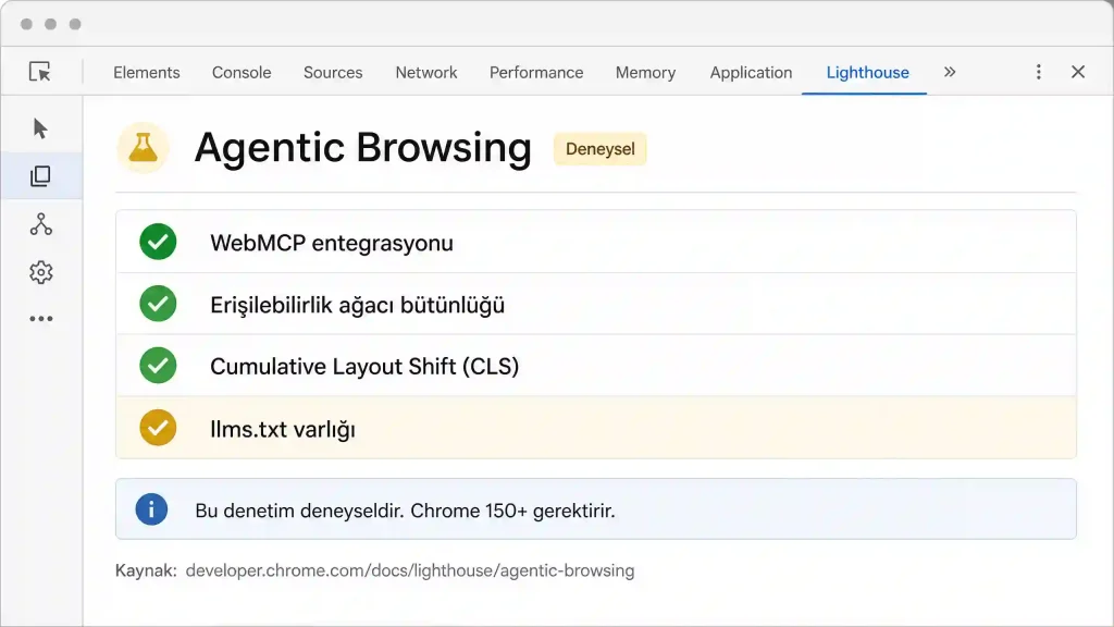 Google Lighthouse Agentic Browsing llms.txt denetimi
