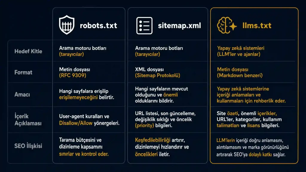 llms.txt robots.txt sitemap farkı karşılaştırma tablosu